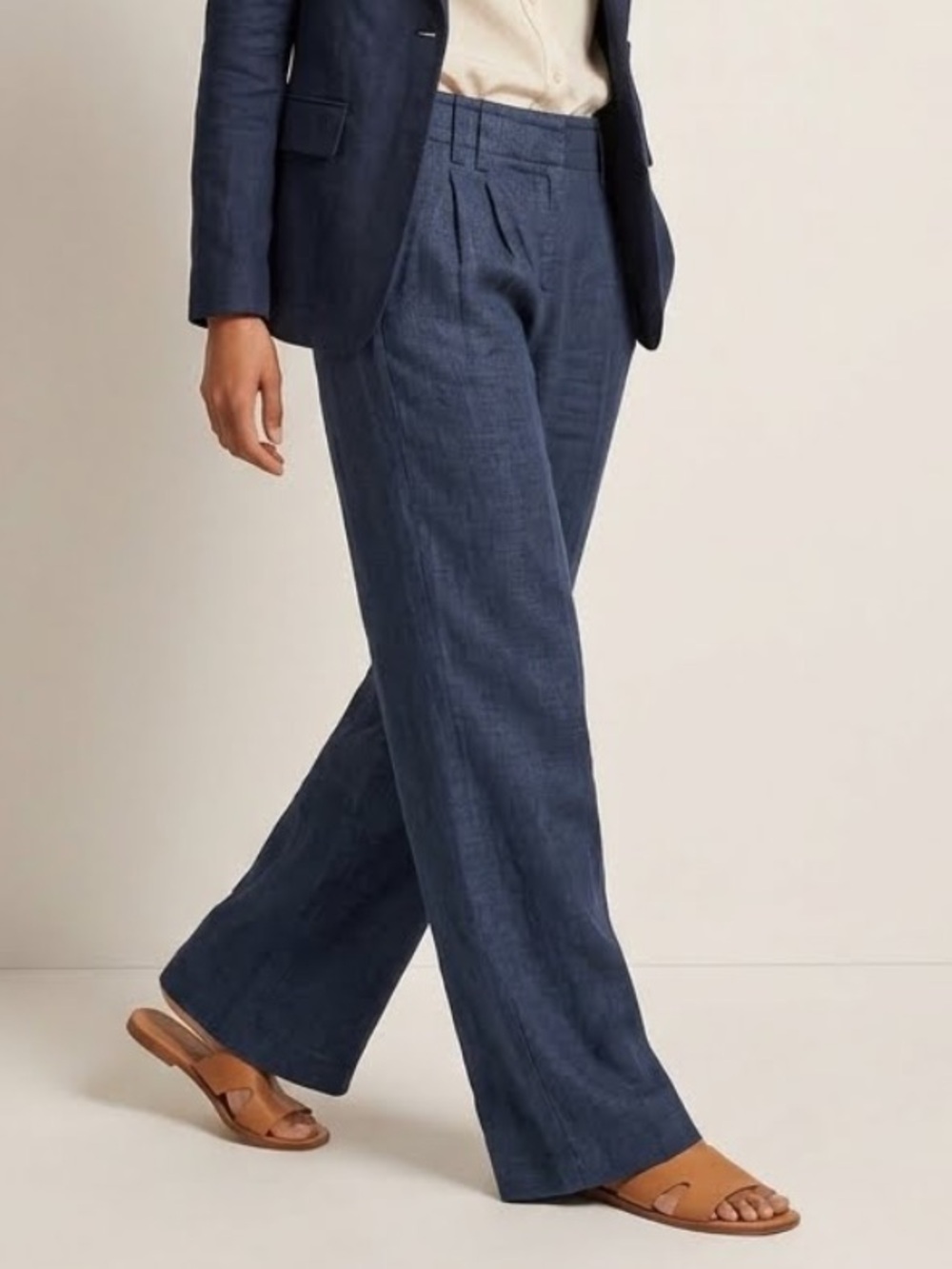 THEORY Wool Linen Navy Blue Blend Pleated Wide Leg Trousers Size 00